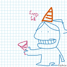 a drawing of a person wearing a party hat with the words happy birthday written below it