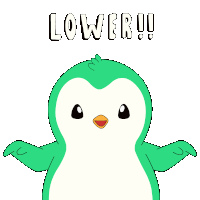 a cartoon of a penguin with arrows pointing down and the word lower on top