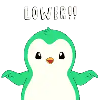a cartoon of a penguin with arrows pointing down and the word lower on top
