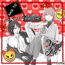 a couple of anime characters sitting on a couch with a sign that says back to lets destroy it all