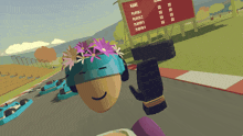 a person wearing a helmet with flowers on it stands in front of a scoreboard that says player 1 player 2 player 3 player 4
