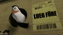 a penguin standing next to a lueg fure sticker