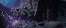 a raccoon is sitting in a dark room with purple lights