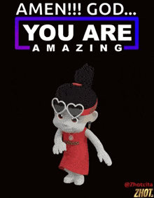 a cartoon character wearing heart shaped sunglasses and a red dress is waving .