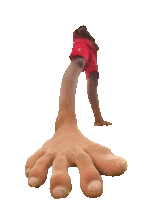 a man in red shorts has a long arm