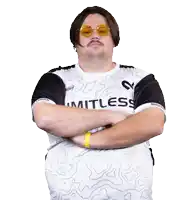 a man wearing sunglasses and a shirt that says mitless
