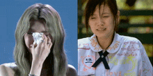 a girl crying next to a girl wearing a shirt that says ' love ' on it