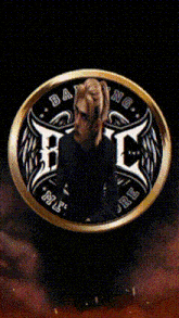 a belt buckle with a picture of a woman and the word bang on it
