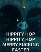 a man is dancing with the words merry fucking easter