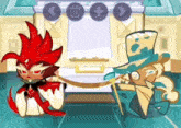two cartoon characters are standing next to each other in a room .