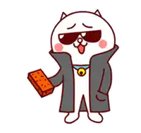 a cartoon cat wearing sunglasses and a coat is holding a piece of brick on his shoulder .