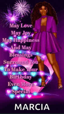 a woman in a purple dress is surrounded by hearts and fireworks