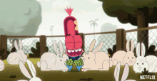 a bunch of rabbits are standing in a fenced in area with a netflix logo in the corner