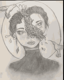 a drawing of a woman with flowers in her face
