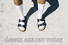 a man wearing black socks and black sandals is standing on a concrete surface .