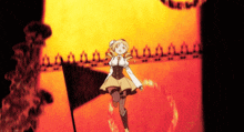 a girl in a yellow dress is standing in front of a flame
