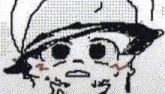 a black and white drawing of a boy wearing a hat and a star on his face .