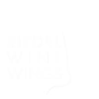 a white logo with a bird 's wing and the words ridge wine wings written on it