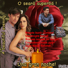 a picture of a man and a woman with a candle and the words una gran noche on the bottom