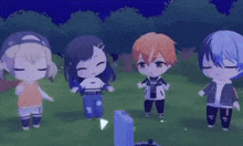a group of anime characters standing in a field with their eyes closed