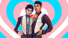 two men are standing next to each other in front of a heart shaped background