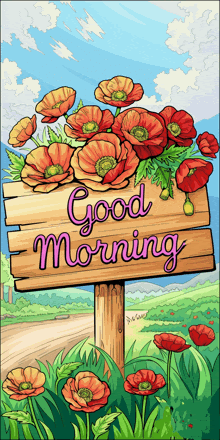 a wooden sign that says good morning is surrounded by red flowers