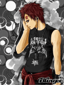a man with red hair is wearing a black shirt that says " a few hearts "