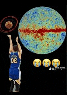a basketball player is throwing a basketball in the air in front of a large sphere .