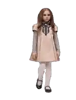 a little girl in a dress and white tights is dancing on a white background