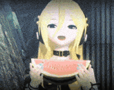 a girl with headphones on holds a slice of watermelon