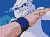 a person 's hand is reaching out towards a cartoon character
