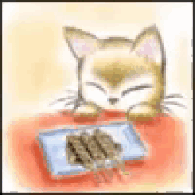 a cartoon cat is sitting on a table eating a piece of food .