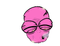 a cartoon drawing of a pink alien with glasses smoking a cigarette