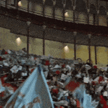 a crowd of people are gathered in a stadium with a blue flag flying in the foreground