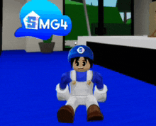 a cartoon character is sitting on a blue floor with a sign that says smg4