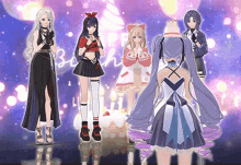 a group of anime girls standing next to each other in front of a birthday cake