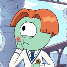 a green cartoon character with red hair and a s on his chest