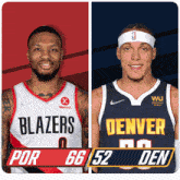 two basketball players one from the blazers and the other from the denver den