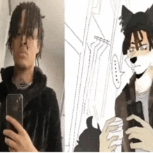 a person taking a selfie next to a drawing of a person with dreadlocks