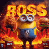 a minion is holding a fried chicken and a hamburger in front of the word boss