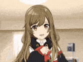 a girl with long brown hair and red eyes is wearing a black and red sweater .