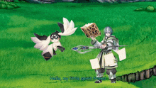 a video game character says hello my little spirit friend while holding a book