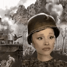 ariana grande is wearing a military helmet in front of a tank .