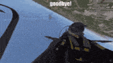 a fighter jet is flying over a body of water and the words goodbye are visible