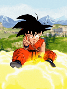 a cartoon character named goku is sitting on a cloud and giving the peace sign