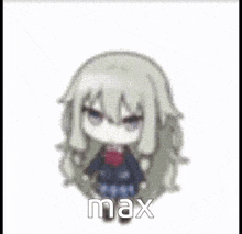 a cartoon girl with long hair is standing in front of a white background with the word max written on it .