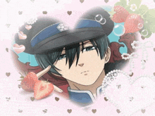 a picture of a man in a hat with strawberries and pearls around him