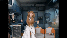 a woman in a costume is dancing in front of a chalkboard that says ' shanghai ' on it