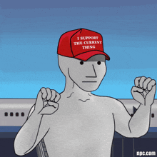 a cartoon of a man wearing a red hat that says i support the current thing