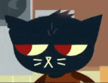 a close up of a cartoon cat with red eyes and a x on its face .